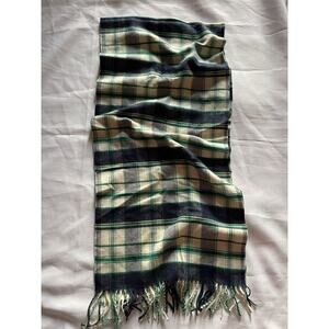 Land's End Scarf Women Tartan Plaid Cream Blue Turquoise 15 in x 64 in Fringe